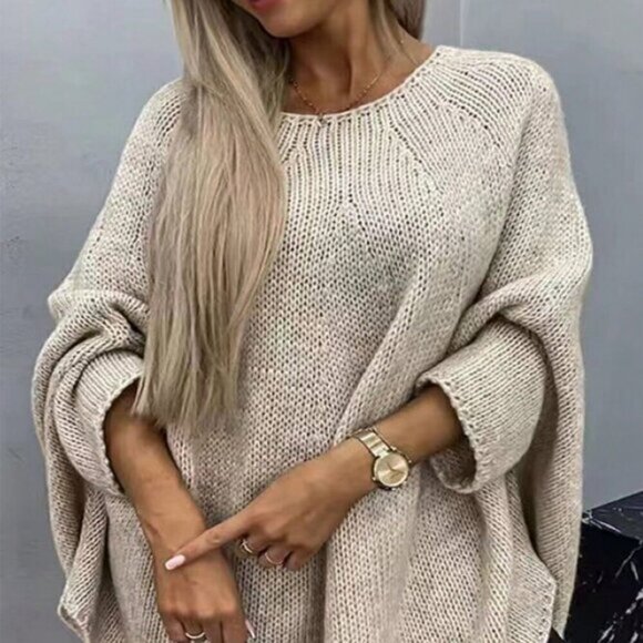 Khaki Casual Women's Solid Color Batwing Sleeve Round Neck Knit Sweater - Picture 1 of 5